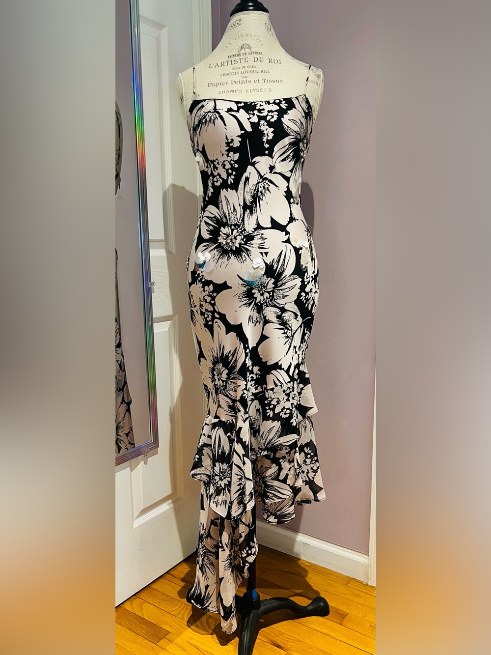 Adrianna Papell Cocktail Dress Black & Cream Floral Ruffle Hem Women's Skirt